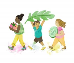 Salad Parade by Sarah Ferone image of three children walking one holding a tomato, another a large leaf and the third a very large cucumber slice.