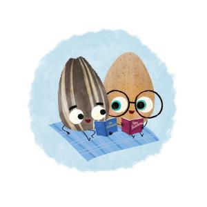 Two seeds on a blanket reading