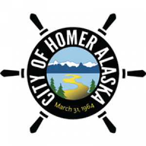Logo for City of Homer Alaska which is a ship's wheel with trees, the Homer Spit, Kachemak Bay and mountains in the center of it