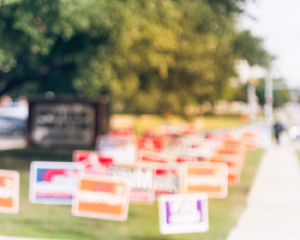 blurred campaign signs in grass
