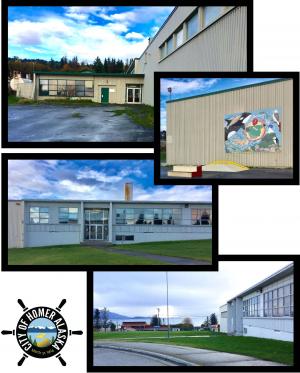 Compilation of four photos of the exterior of the Homer Education and Recreation Complex (HERC)