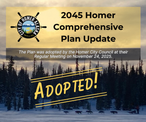 Photo Credit: Eric Pederson A dogteam traveling at sunset with the words "2045 Homer Comprehensive Plan Update Adopted" written across the image.