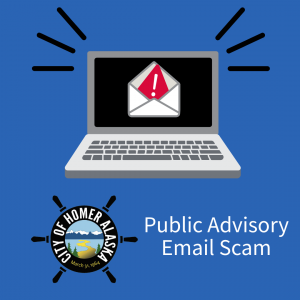 A laptop computer screen with an open envelope containing a red exclamation point. Text below "Public Advisory Email Scam"