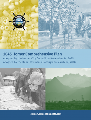 The 2045 Homer Comprehensive Plan Cover, with the document title and four muted images of local art, streets, people and harbor.