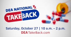 National Prescrition Drug Take Back poster showing prescription pill bottle and red & white pills