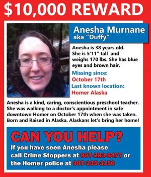$10,000 Reward Poster for Missing Person Anesha "Duffy" Murnane.