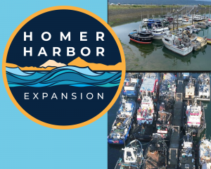 Round Homer Harbor Expansion logo with two photos of crowded large vessels moored in rafts to Harbor Float Systems