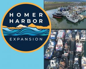 Homer Harbor Expansion circular logo with photos of large vessels rafted three deep on Homer Harbor float systems