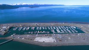 Aerial view of Homer Port and Harbor looking west.