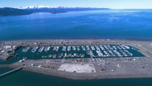 Aerial view of Homer Port and Harbor looking west.