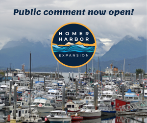A crowded harbor with grey skies and mountains in the background. Text reads, Public comment now open! Round HHE logo