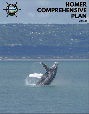 Title page of the 2018 Homer Comprehensive Plan, Humpback Whale breaching in the bay 