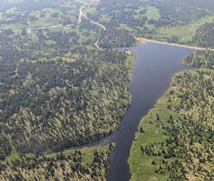 Aerial photo of a reservoir surrounded by green trees and shrubs