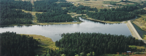 Aerial photo of Bridge Creek Reservoir showing the path the transmission line travels from the reservoir to the treatment plant.