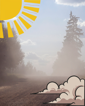 A photograph of a dusty tree-lined gravel road with graphics of a yellow sun and brown dust cloud overlain.