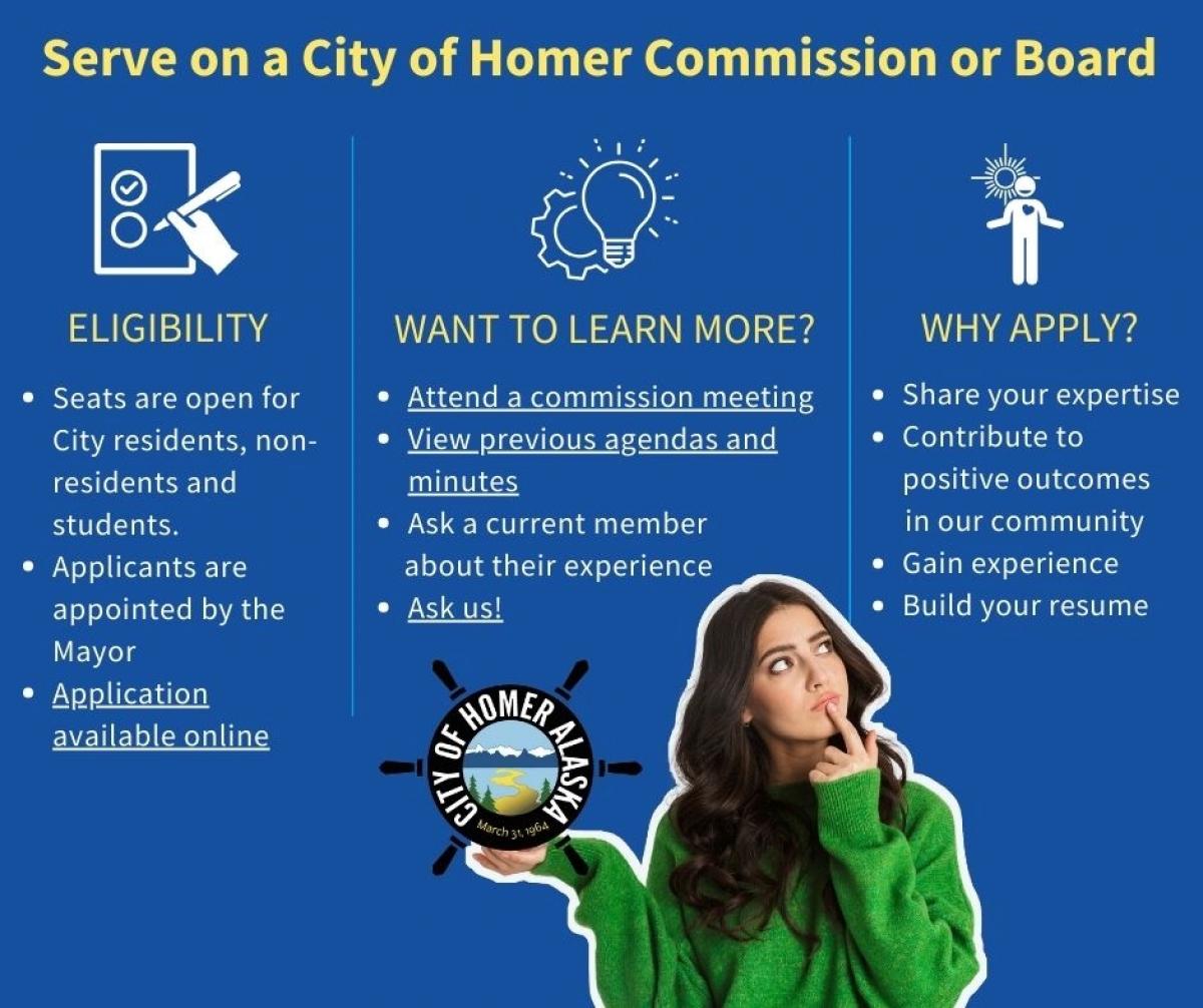 Woman in green sweater with long brown hair in a pondering pose holding City of Homer logo in upturned hand