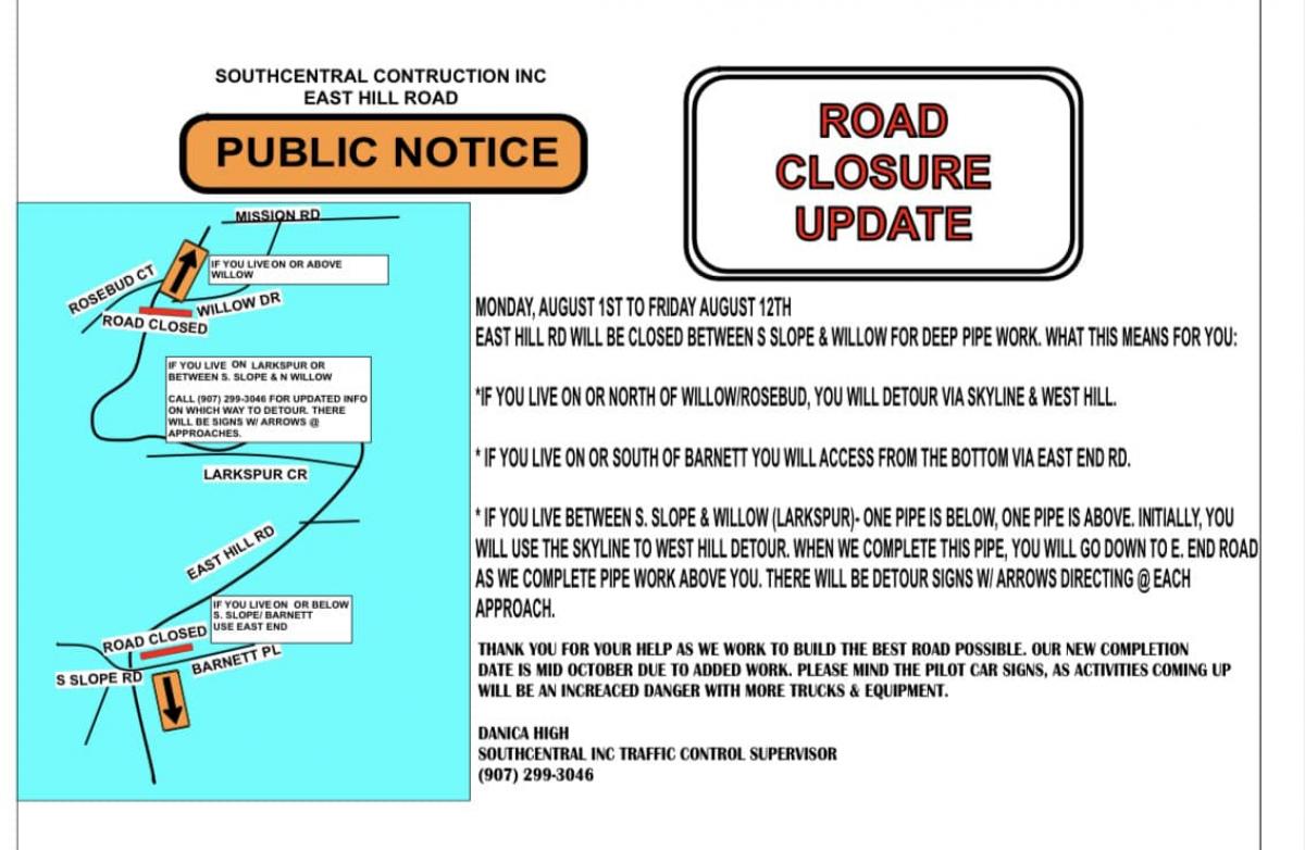 Map of East Hill Road Closure August 1-12 East Hill Road Closure August 1-12