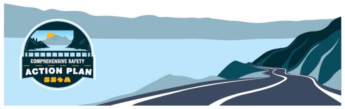 graphic of a highway winding between a body of water and a mountainside