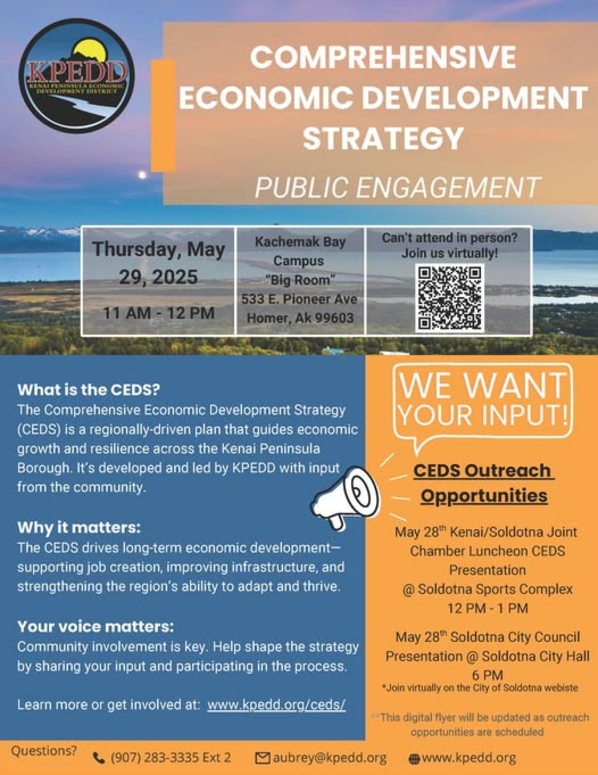 Kenai Peninsula Economic Development District flier superimposed on a photo of Homer looking out across Kachemak Bay.