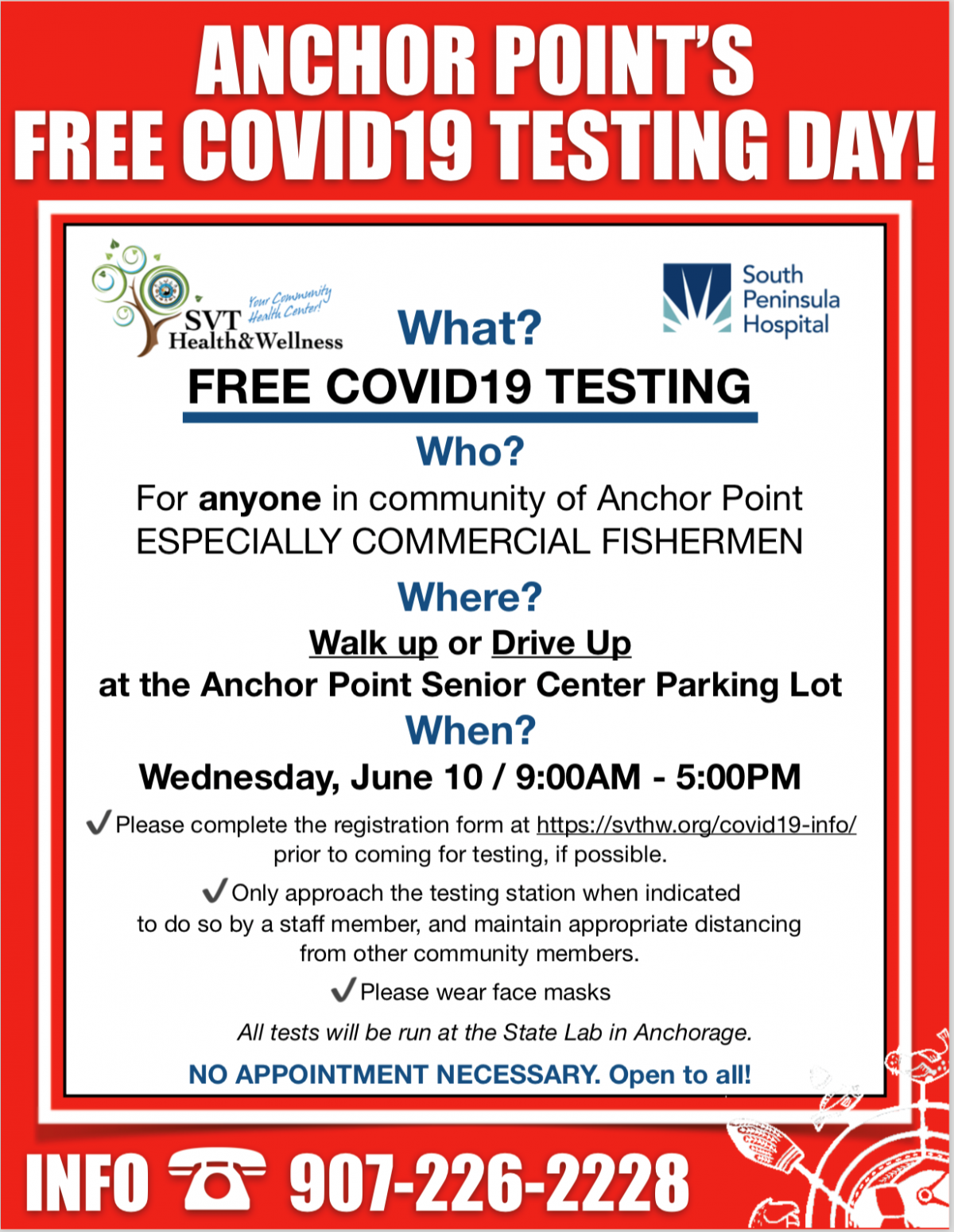 Poster with red border about Free Covid-19 Testing in Anchor Point on June 10 from 9 am to 5 pm at Anchor Point Senior Center