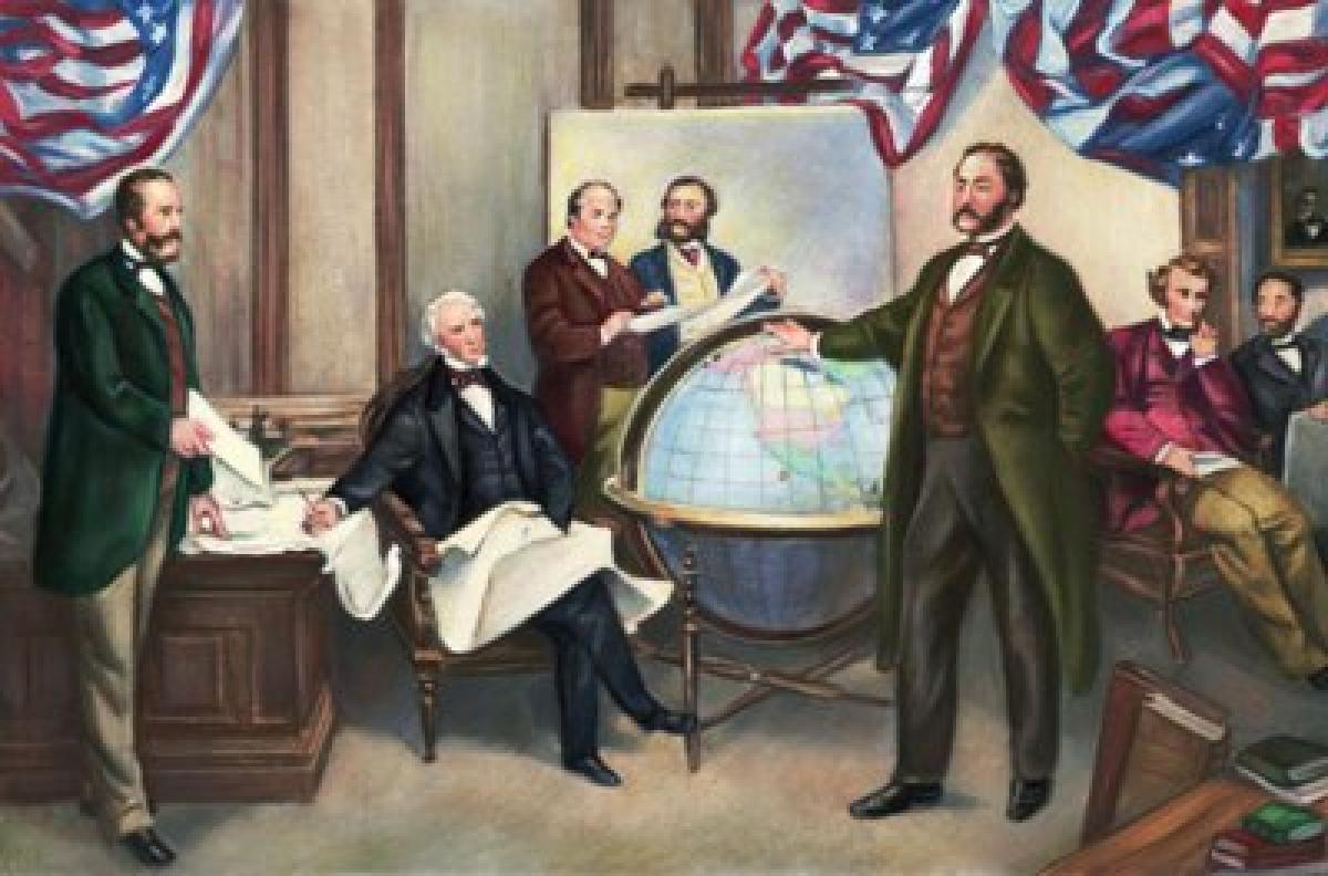 A historical painting titled "The signing of the Alaska Treaty of Cessation on March 30, 1867" Painting by Emanuel Leutze