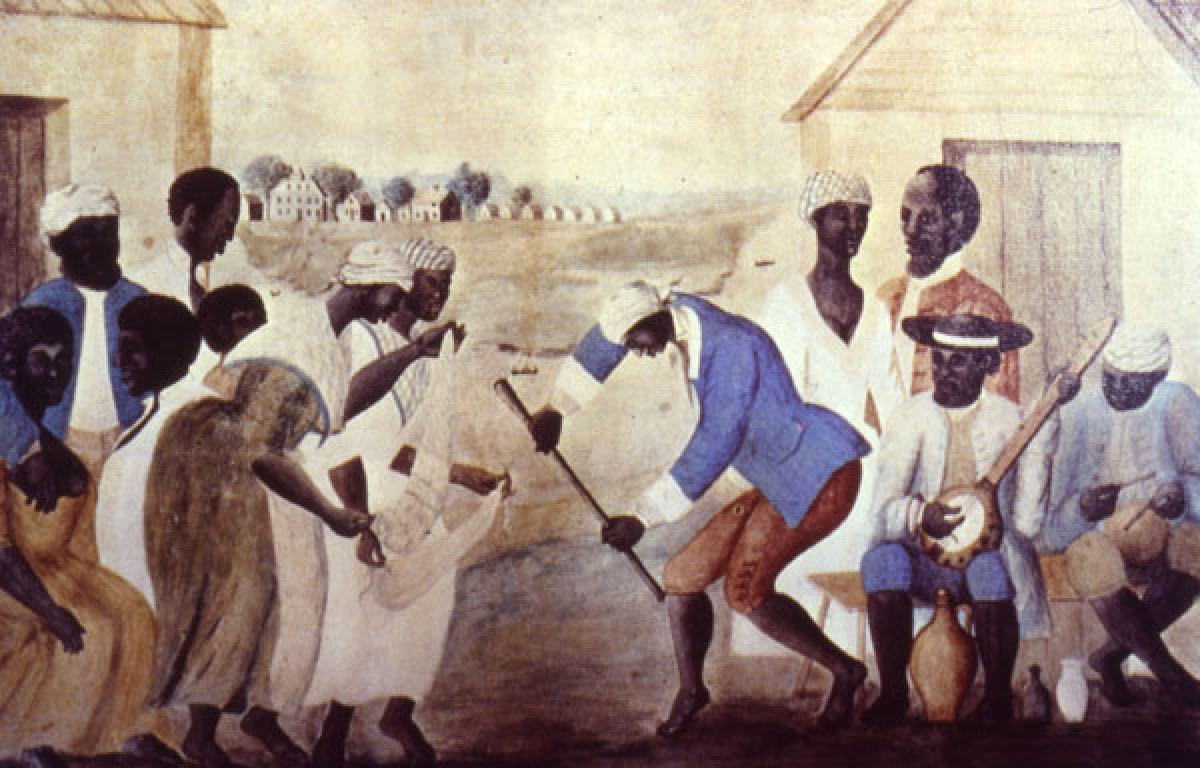 "The Old Plantation," South Carolina, about 1790. This famous painting shows Gullah slaves dancing and playing musical instruments derived from Africa. "The Old Plantation," South Carolina, about 1790. This famous painting shows Gullah slaves dancing and playing musical instrumen
