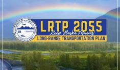 Rainbow over the Seward Highway and green trees with the Long-Range Transportation Plan 2055 & Department of Transportation logo