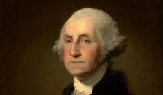 An old portrait of George Washington, a gray haired man wearing a dark jacket and a white shirt