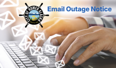 Two hands typing on a keyboard with the City of Homer logo and the words Email Outage Notice