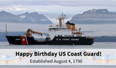 The Coast Guard Cutter Aspen in Kachemak Bay with mountains and a glacier in the background on a gray cloudy day.