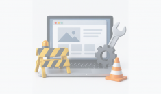 Website maintenance graphic showing a laptop, gear, and construction barrier.