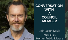 Portrait Photo of Council Member Jason Davis with words Conversation with a Council Member and the date and time.