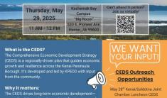 Kenai Peninsula Economic Development District flier superimposed on a photo of Homer looking out across Kachemak Bay.