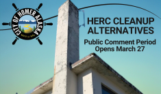 Photo of one old HERC buildings with the second superimposed announcing Cleanup Alternatives Public Comment 3-27 to 4-24 2026.