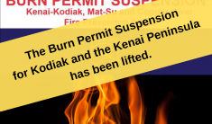 Yellow banner across a Burn Permit Suspension notice saying, Burn Permit Suspension has been lifted for Kenai Peninsula & Kodiak