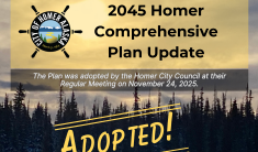 A dogteam traveling at sunset with the words "2045 Homer Comprehensive Plan Update Adopted" written across the image.