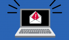 Spear-phishing alert A laptop computer screen with an open envelope containing a red exclamation point. Text below "Public Advisory Email Scam"