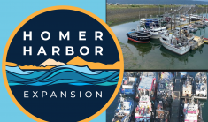 Round Homer Harbor Expansion logo with two photos of crowded large vessels moored in rafts to Harbor Float Systems
