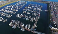 Aerial image of Float System 4 in Homer Port and Harbor filled with boats.