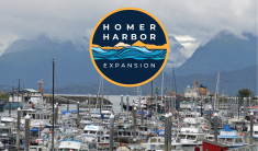 A crowded harbor with grey skies and mountains in the background. Text reads, Public comment now open! Round HHE logo